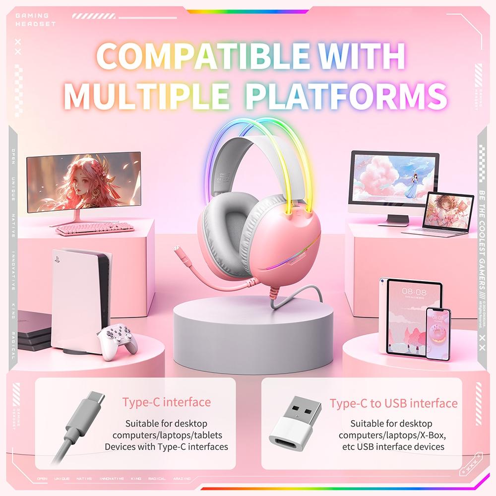 Rgb Light Gaming Headset 2M Cable - Pink 8