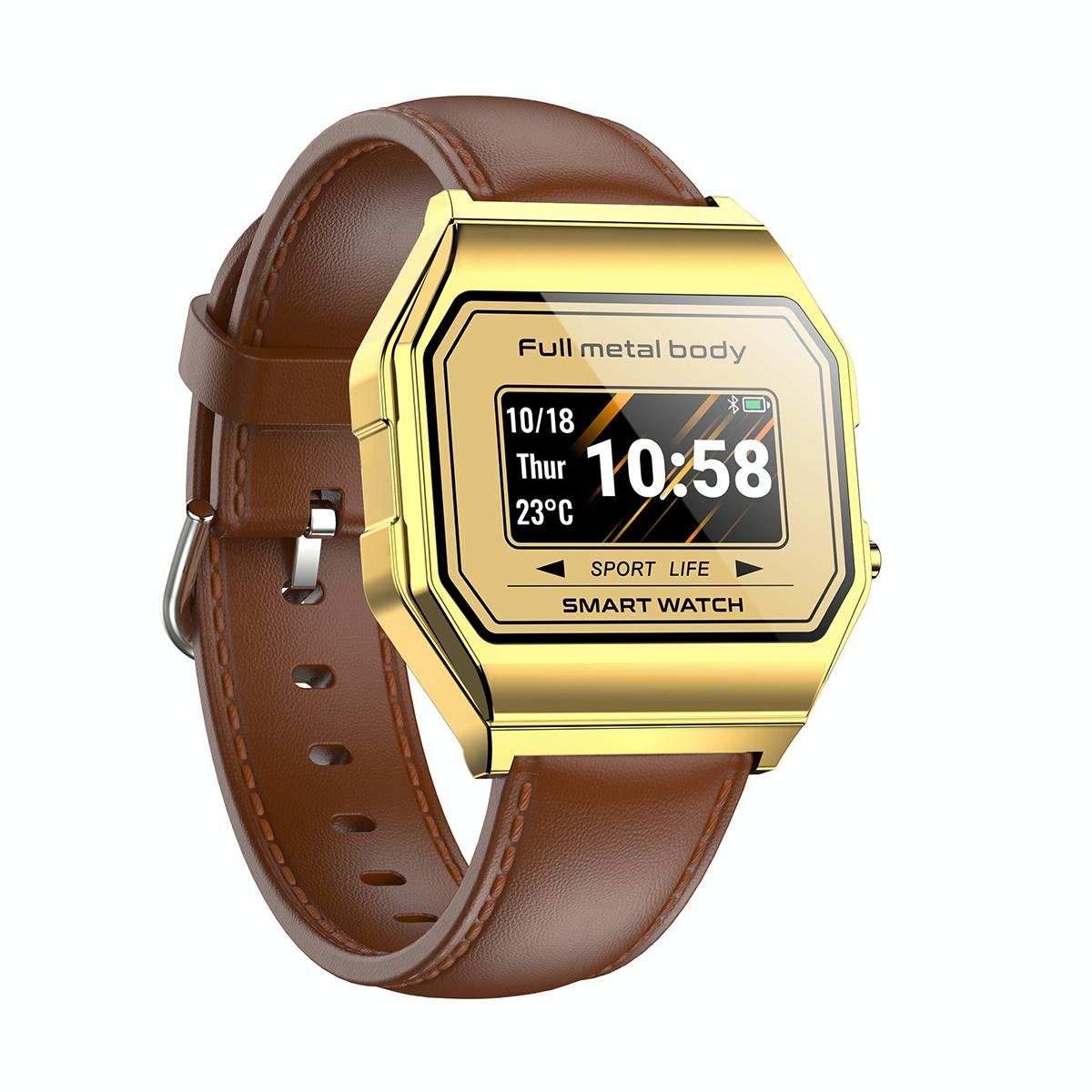 Leather Band Smartwatch With Waterproof Colour Screen - Gold 3