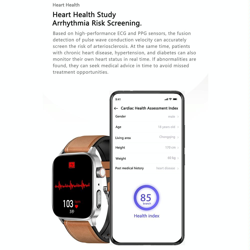 1.85 Inch Tft Screen Leather Band Health Smart Watch Support Bluetooth Call / Plateau Blood Oxygen / Body Temperature / Arrhythmia / Ti Heart Rate Monitoring - Brown 5