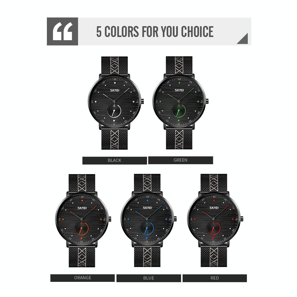 Men Striped Arabic Numeral Mesh Quartz Watch - Horizontal Design - Orange 3