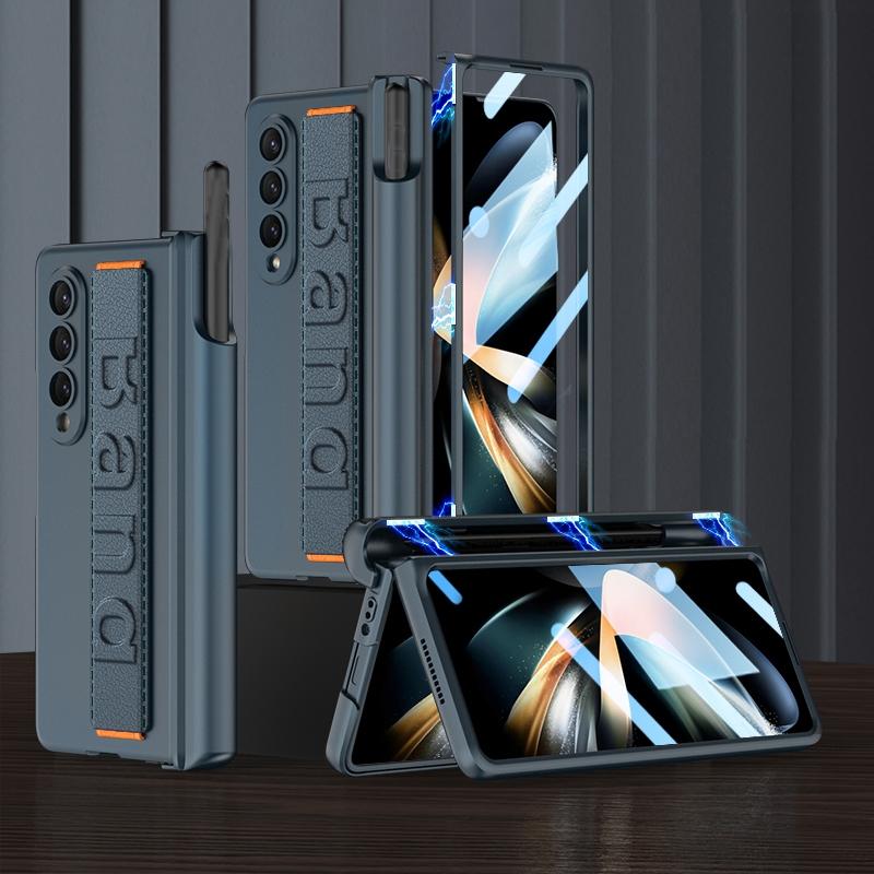 For Samsung Galaxy Z Fold4 5G Shockproof Magnetic Fold Case With Wrist Strap - Navy Blue