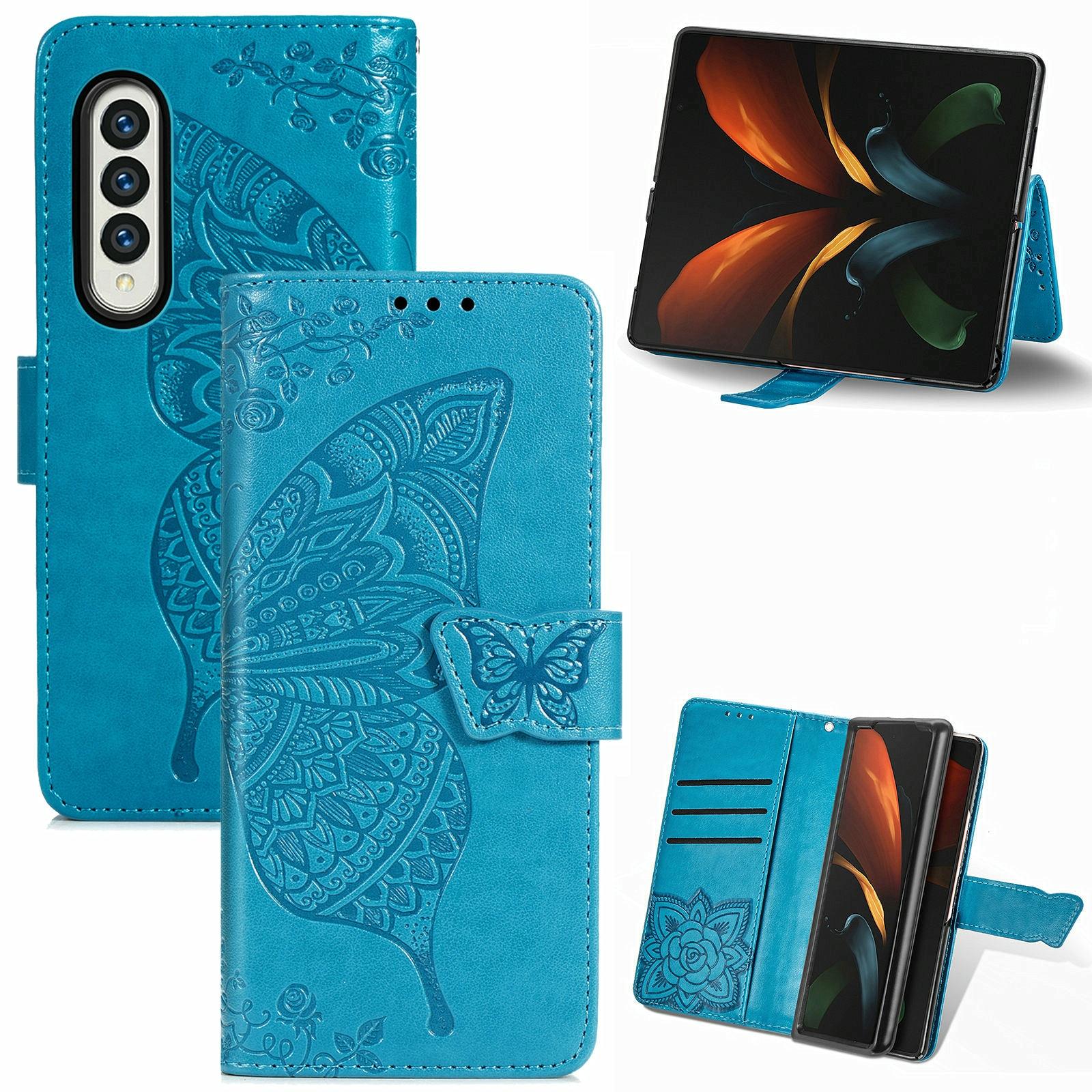 For Samsung Galaxy Z Fold4 5G Embossed Butterfly Love Leather Case - Flower Design - Blue