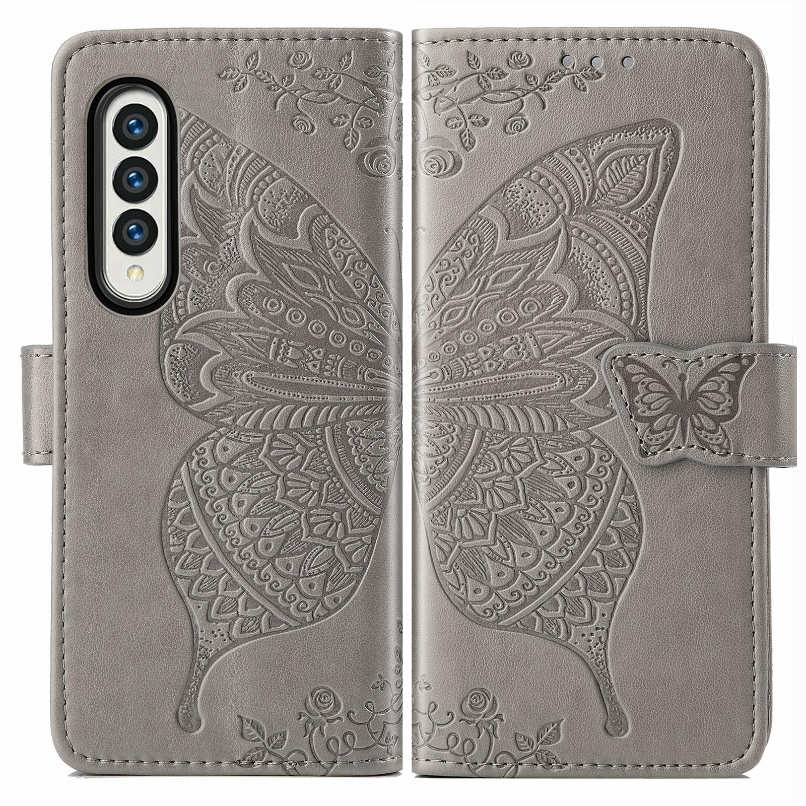 For Samsung Galaxy Z Fold4 5G Embossed Butterfly Love Leather Case - Flower Design - Blue 3