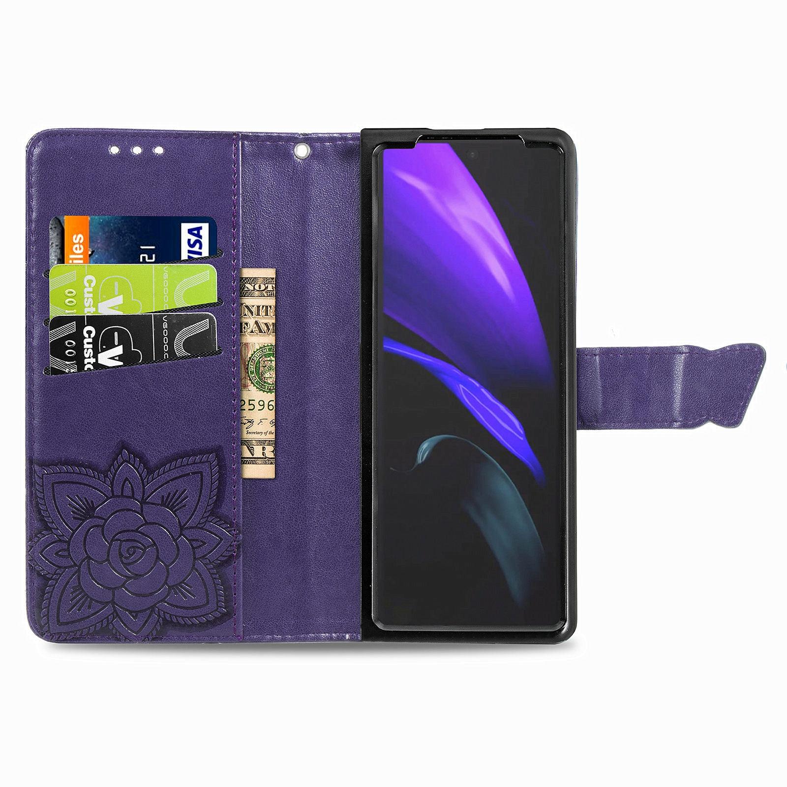 For Samsung Galaxy Z Fold4 5G Embossed Butterfly Love Leather Case - Flower Design - Blue 10
