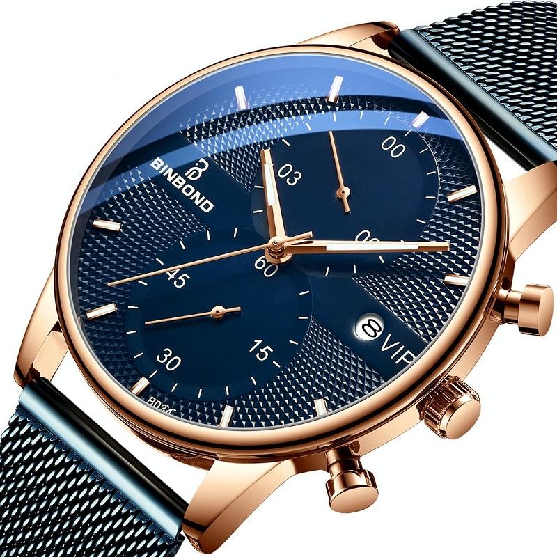Men Multifunctional Luminous Quartz Watch - Business Style - Blue Mash Rose Shell Blue Surface 4