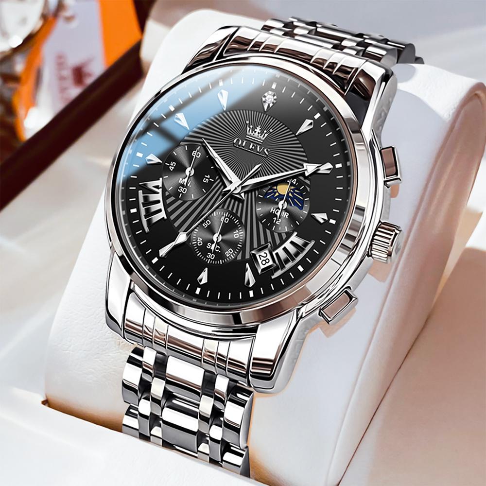 Waterproof Men Quartz Watch - Multifunctional Business Design - Black + Silver 4