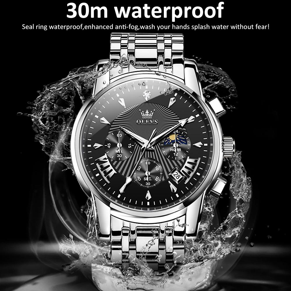 Waterproof Men Quartz Watch - Multifunctional Business Design - Black + Silver 6