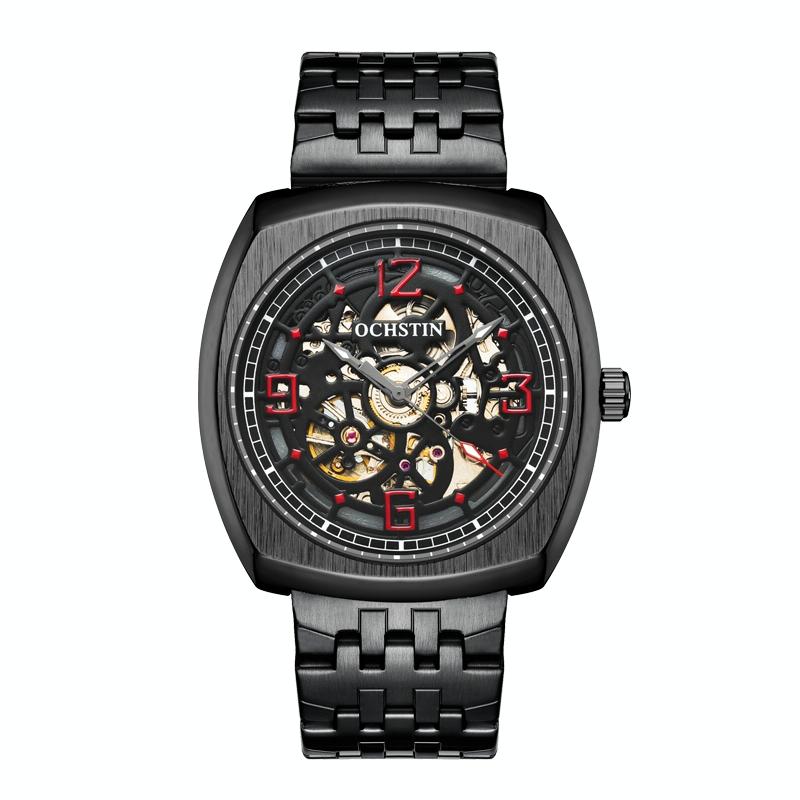Masterpiece Mechanical Men Watch with Steel Band - Black Red