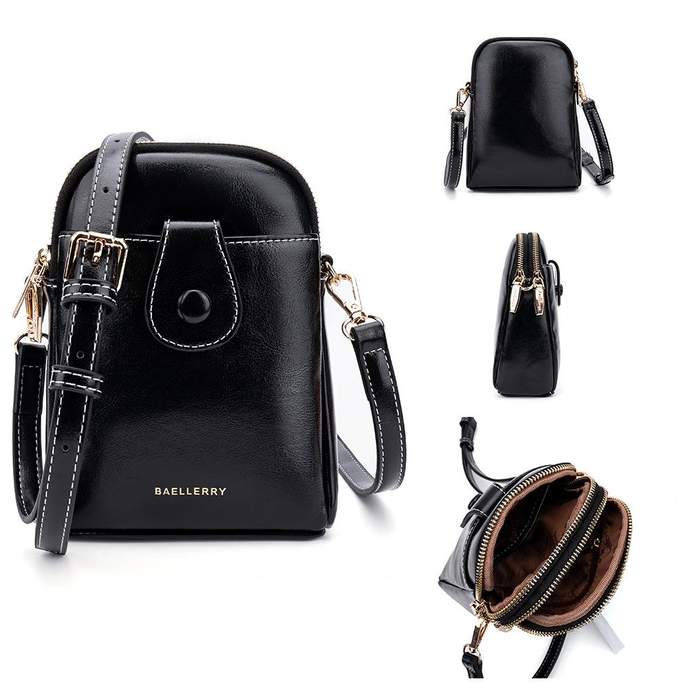 Oil Wax Leather Double Zip Crossbody Phone Bag - Black 10