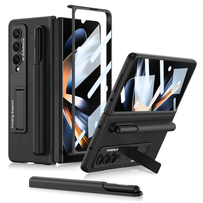 For Samsung Galaxy Z Fold4 5G Leather Case With Holder & Pen Slots - Thin & Shockproof - Black