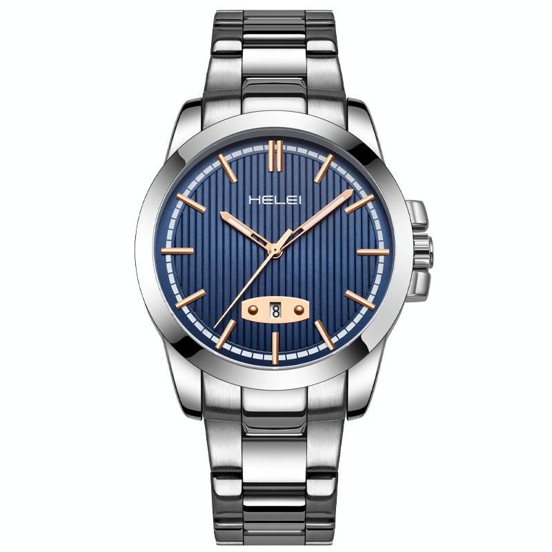 Waterproof Men Quartz Watch with Stainless Steel Band and Automatic Display - Blue
