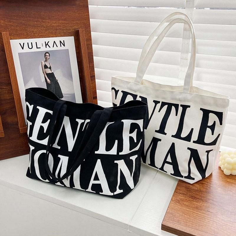 Black Women Canvas Shoulder Tote Printed Letters 3