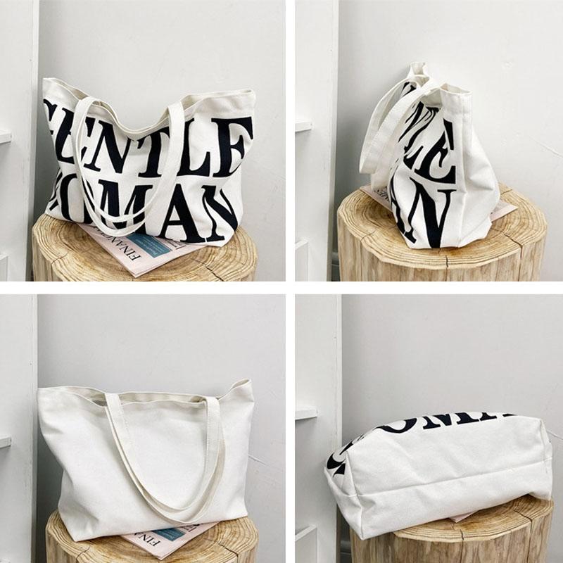 Black Women Canvas Shoulder Tote Printed Letters 4