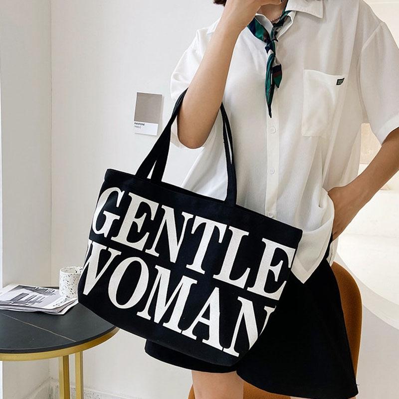 Black Women Canvas Shoulder Tote Printed Letters 10