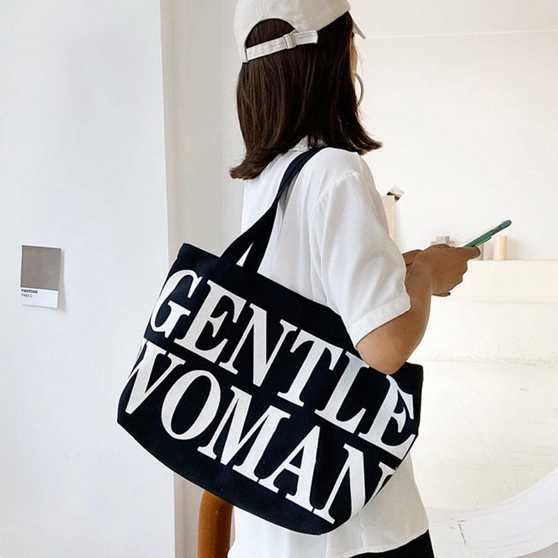 Black Women Canvas Shoulder Tote Printed Letters 11