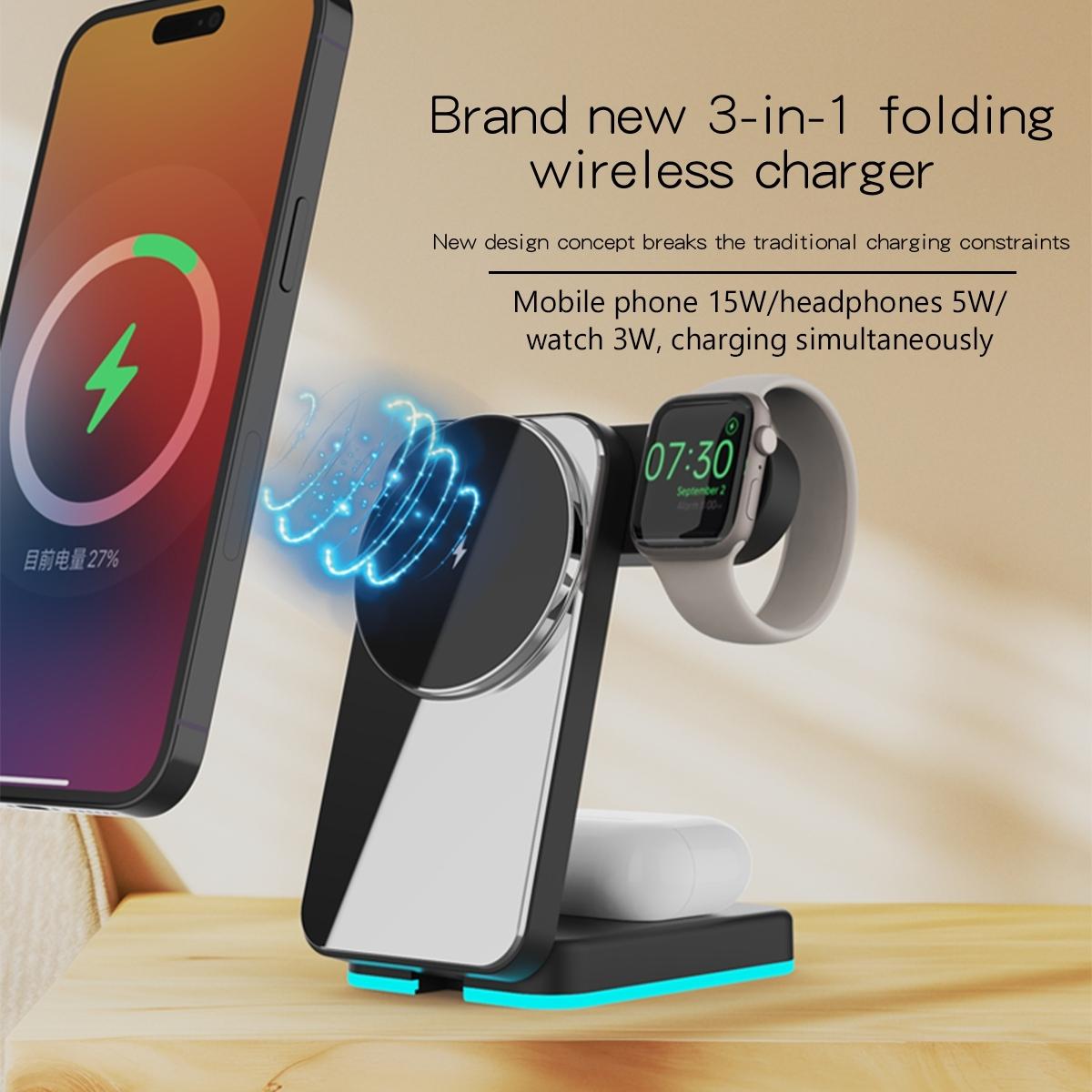 Foldable 3 In 1 Rgb Led Wireless Charger - White 9