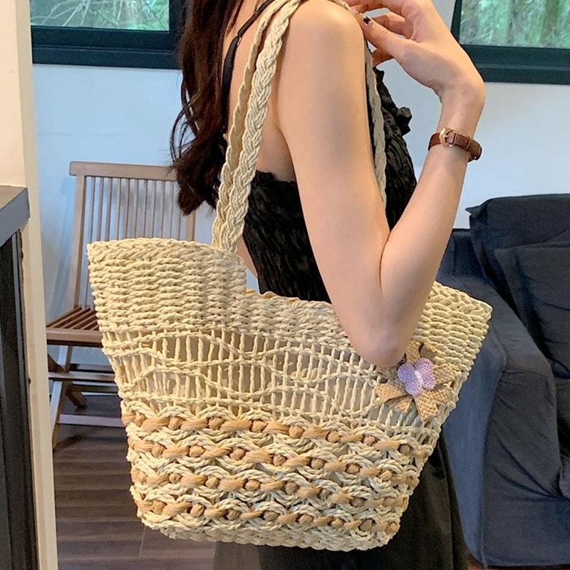 Large Capacity Straw Tote Bag with Hollow Wave Design and Lining - Beige 8