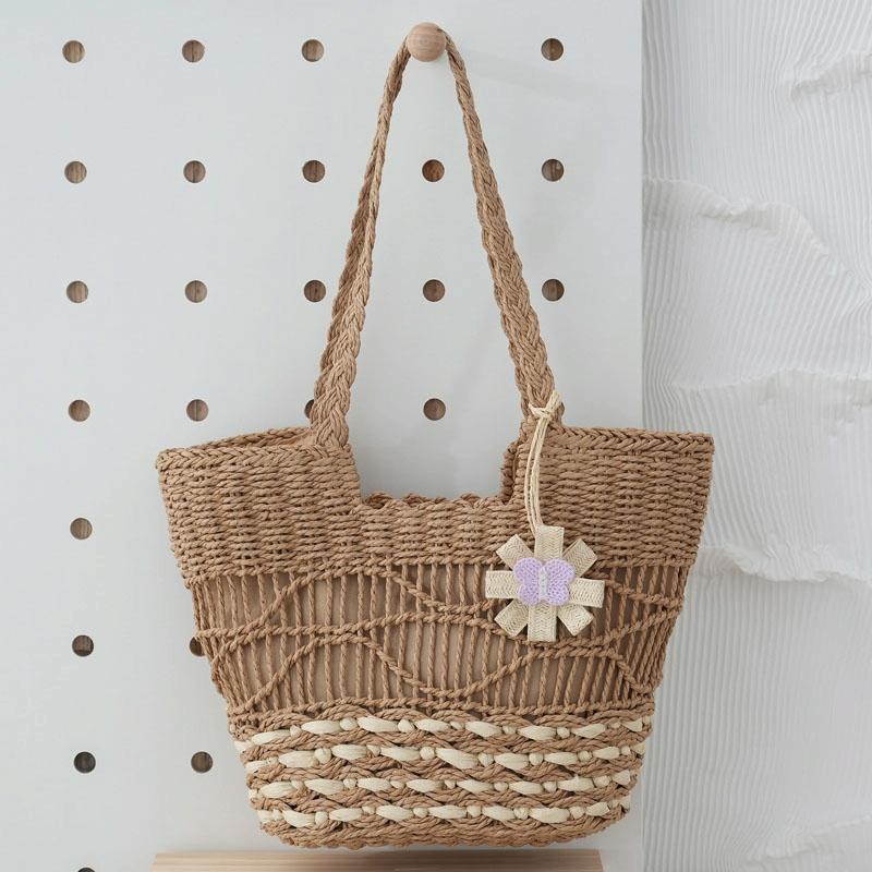 Large Capacity Straw Tote Bag with Hollow Wave Design and Lining - Beige 10