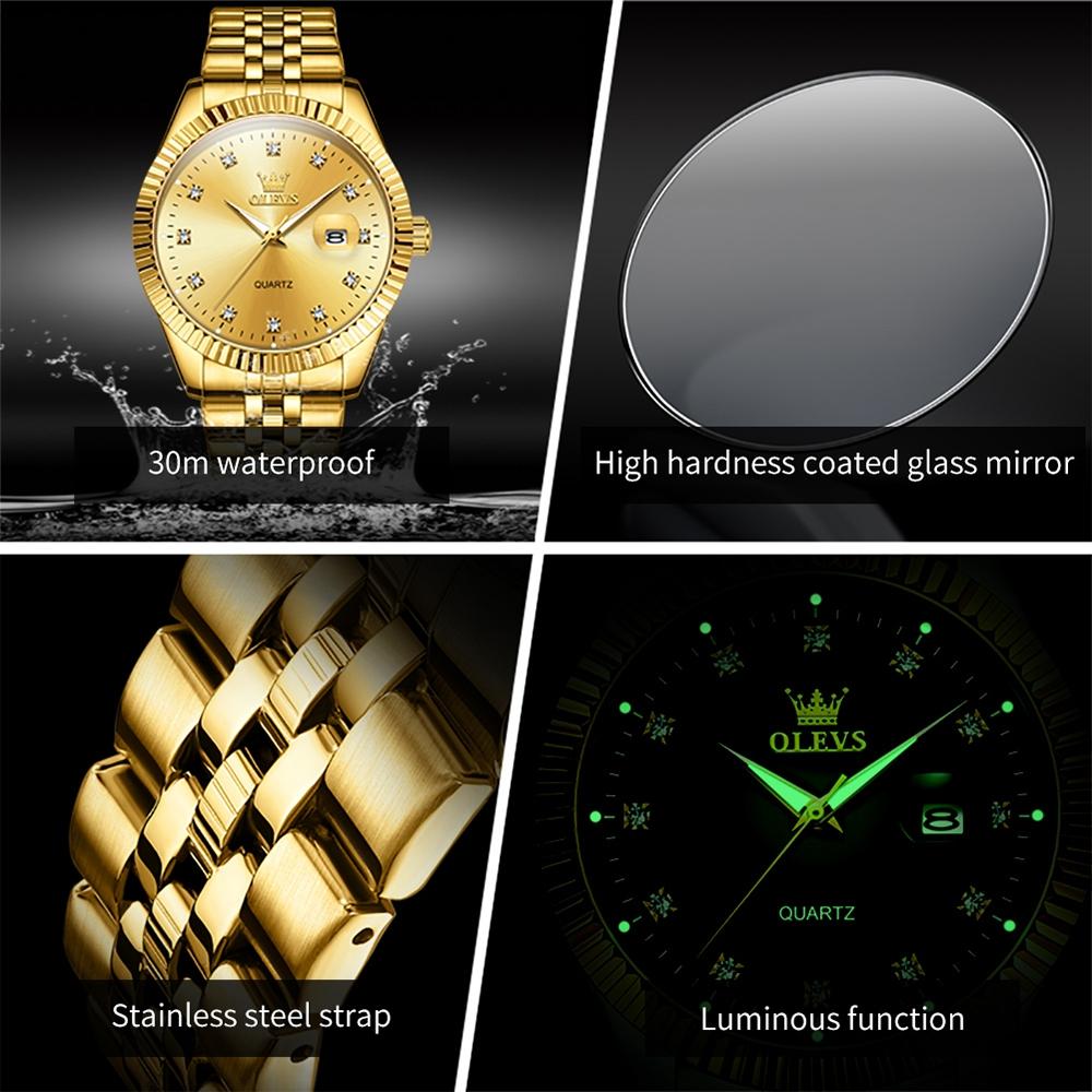 Men Luminous Waterproof Quartz Watch with Diamond Accents - Black 8