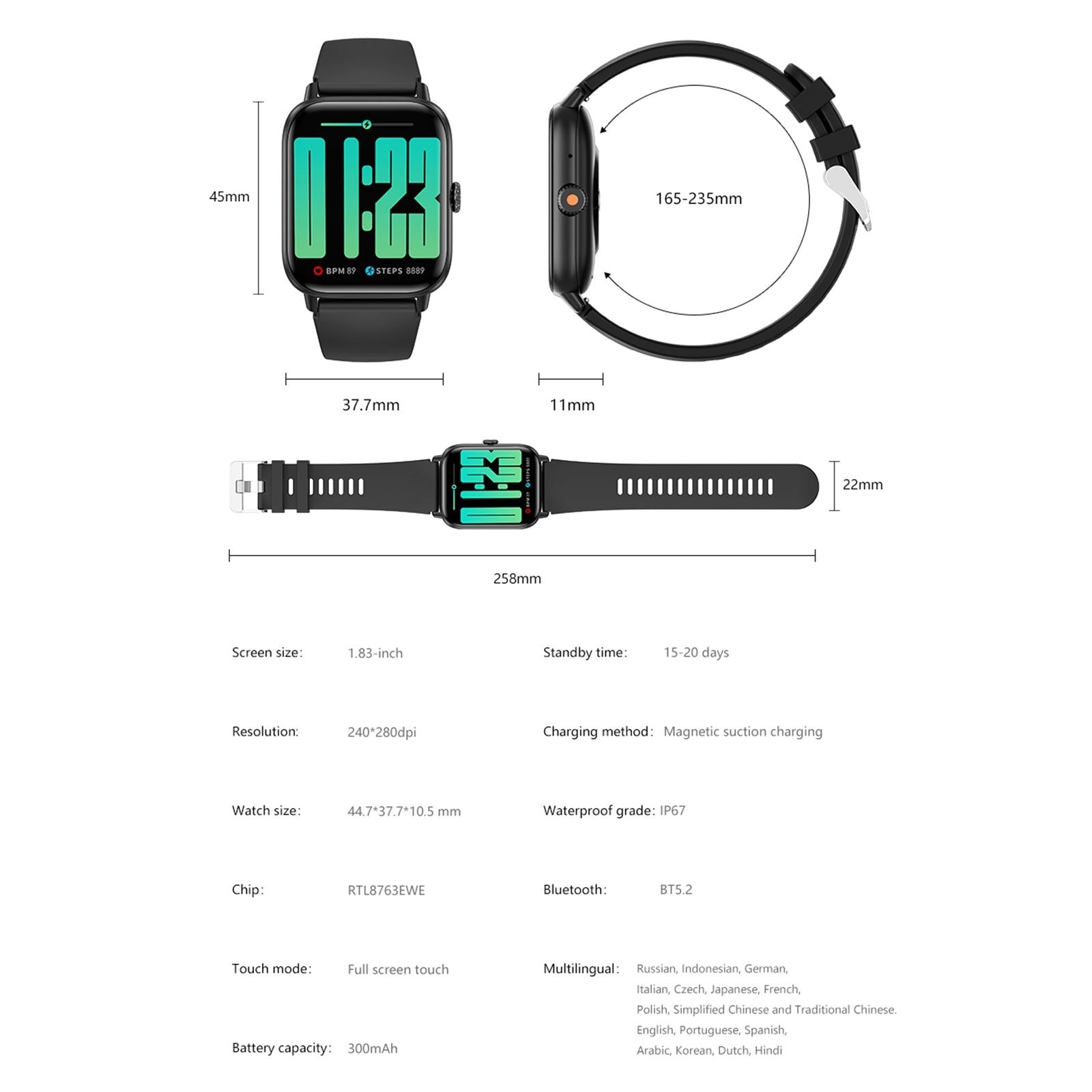 1.83 Inch Bt5.2 Smart Sport Watch Support Bluetooth Call / Sleep / Blood Sugar / Blood Oxygen / Heart Rate / Blood Pressure Health Monitor - Black 6
