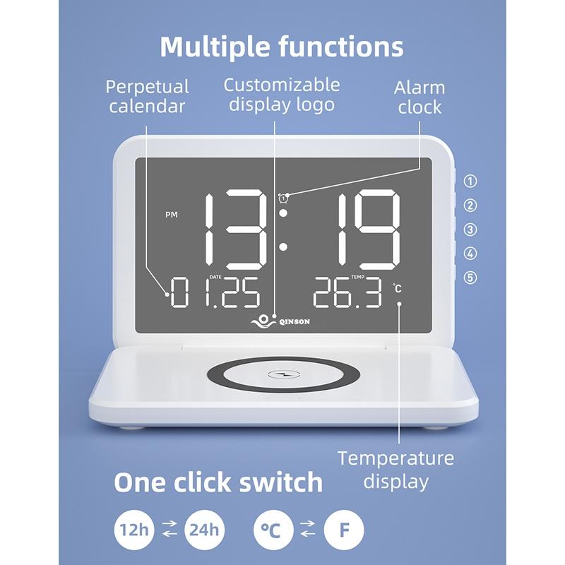 Foldable Desk Calendar Clock With Wireless Charger & Alarm - White 4