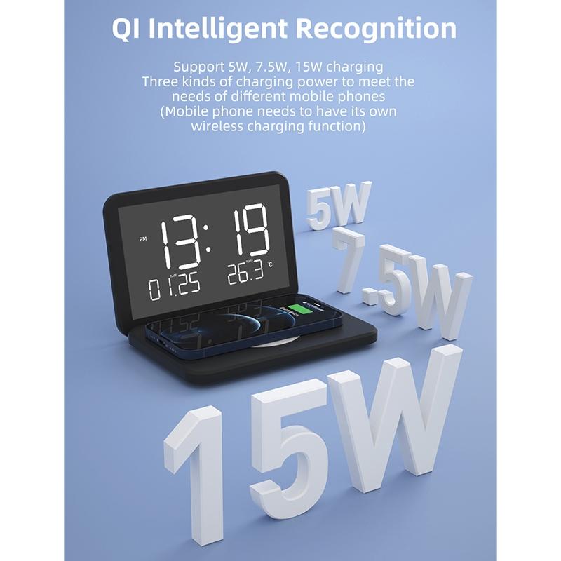 Foldable Desk Calendar Clock With Wireless Charger & Alarm - White 5