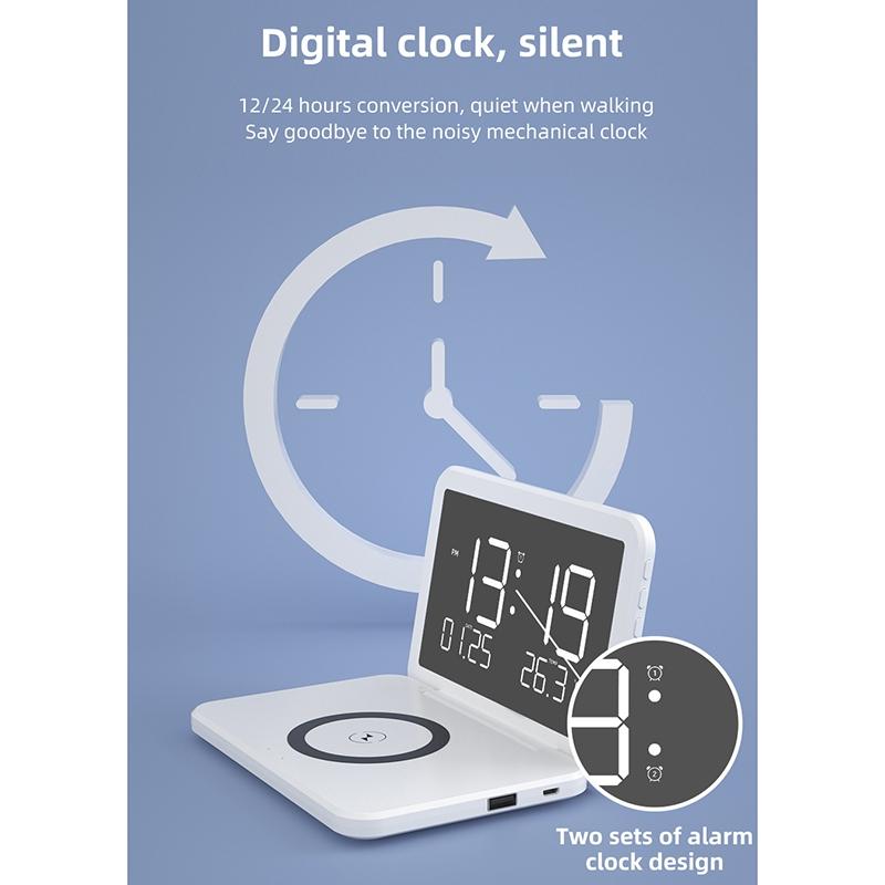 Foldable Desk Calendar Clock With Wireless Charger & Alarm - White 9