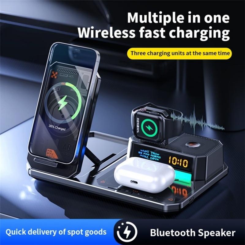 5 In 1 Magnetic Wireless Charger Stand With Clock & Speaker - White 3