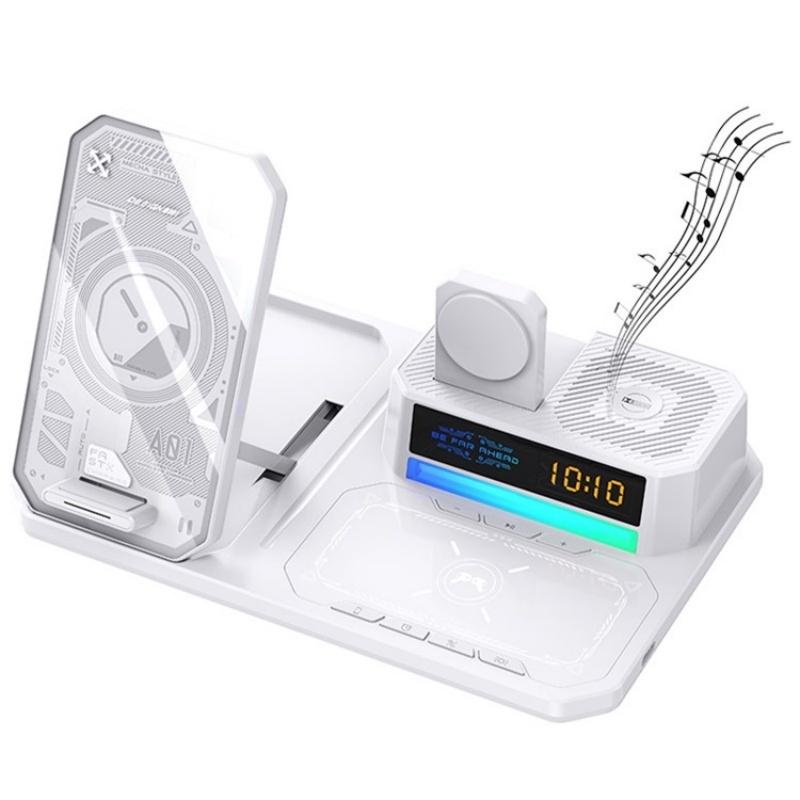 5 In 1 Magnetic Wireless Charger Stand With Clock & Speaker - White 13