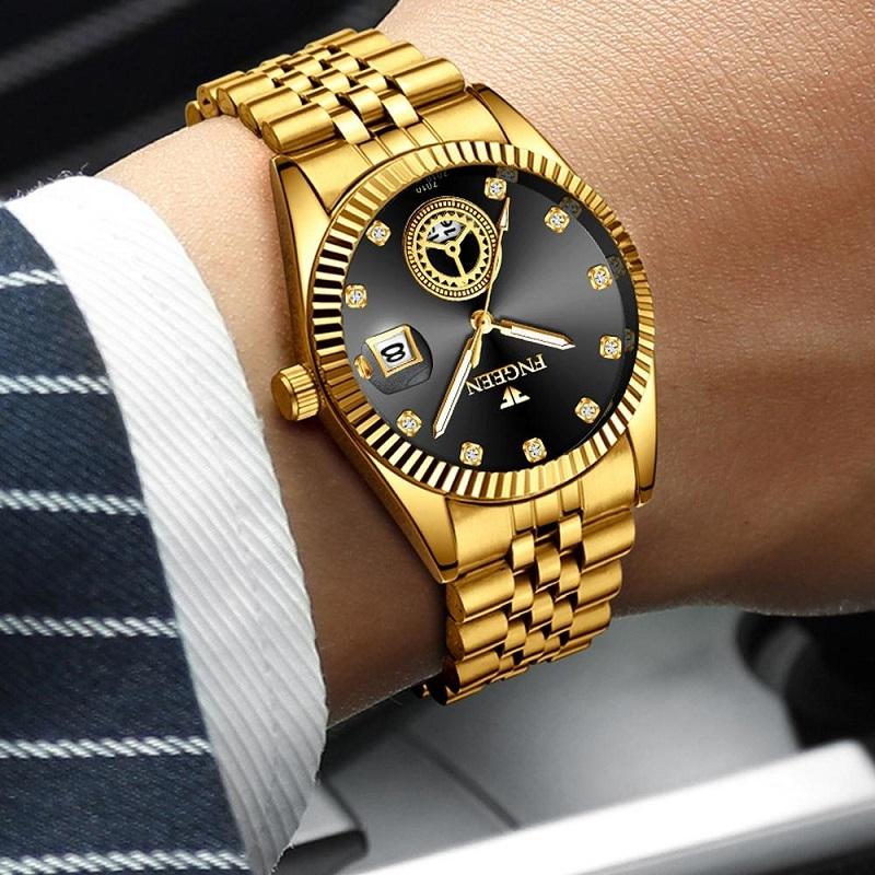 Men Luminous Quartz Watch with Calendar for Middle-aged and Elderly - All Gold Black Sueface 7