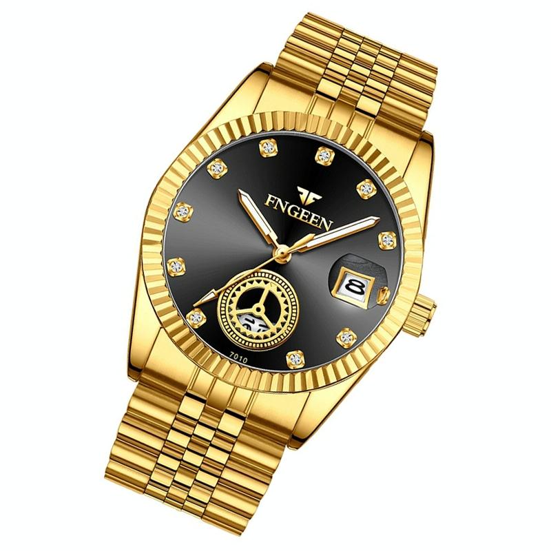 Men Luminous Quartz Watch with Calendar for Middle-aged and Elderly - All Gold Black Sueface 9