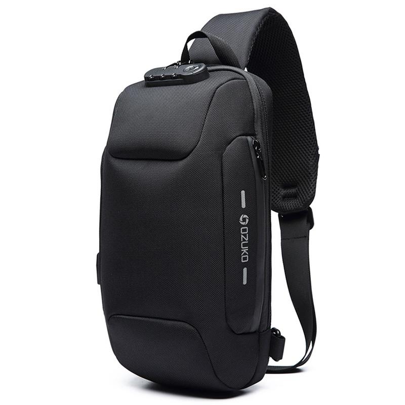 Anti Theft Men Waterproof Crossbody Bag With USB Port - Black