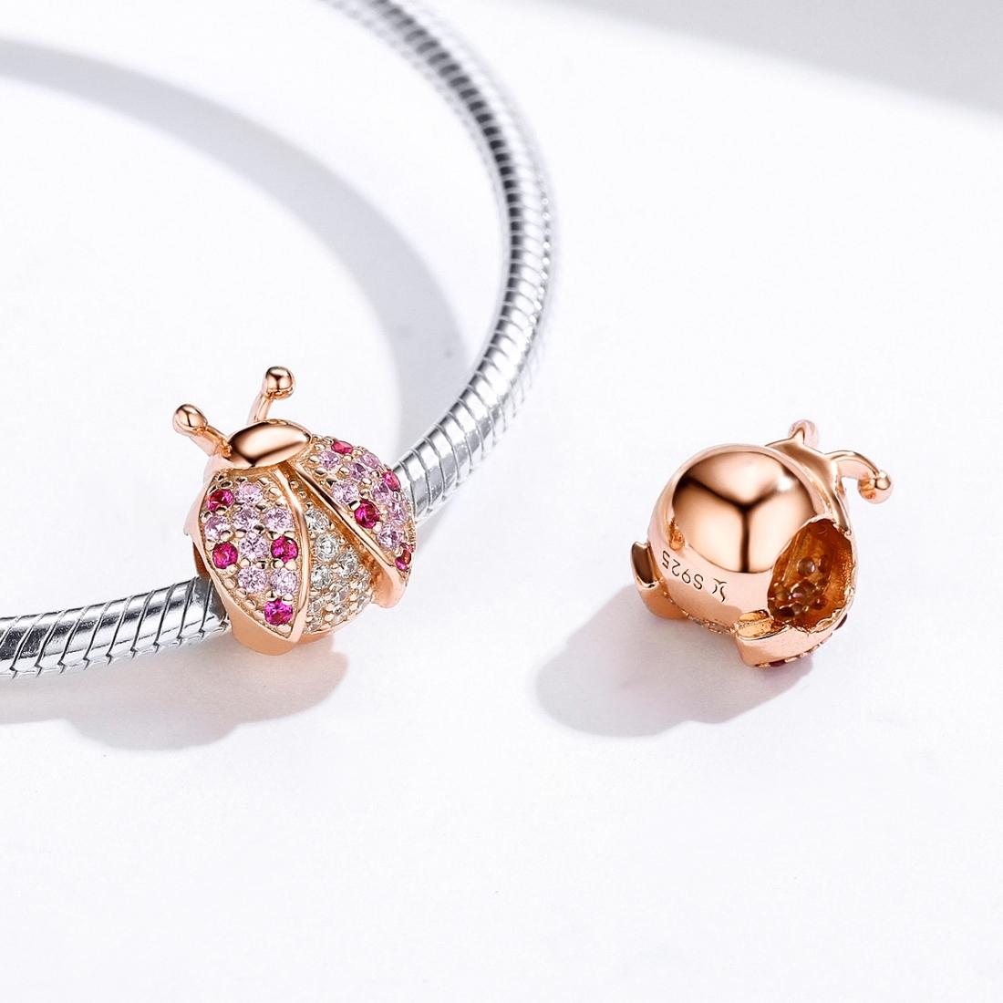 925 Sterling Silver Zircon Ladybug Bracelet / Necklace Set - Rose Gold 15