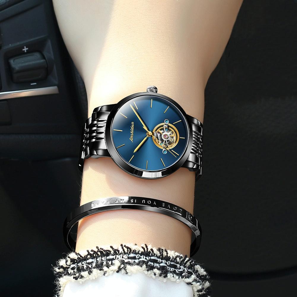 Waterproof Automatic Mechanical Watch for Women with Simple Hollow Design - Black Steel Strip 9