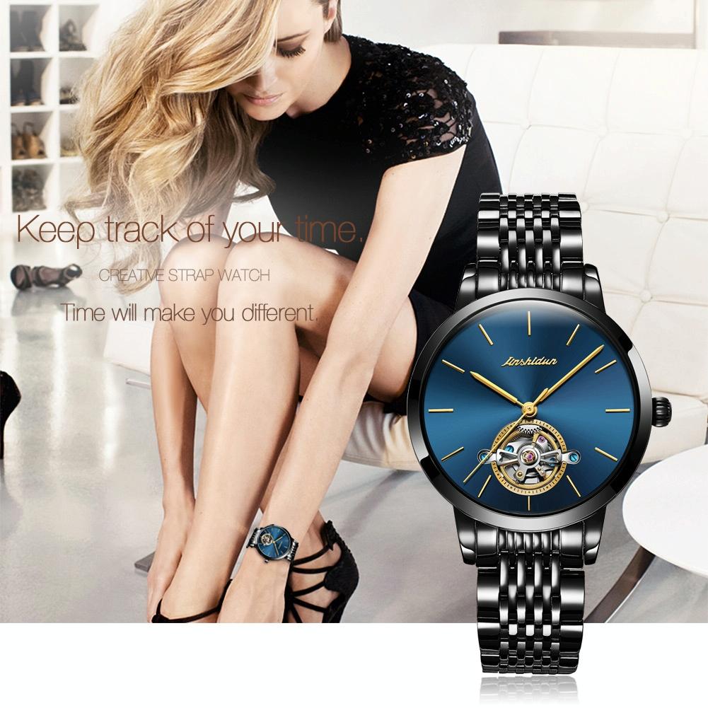 Waterproof Automatic Mechanical Watch for Women with Simple Hollow Design - Black Steel Strip 10