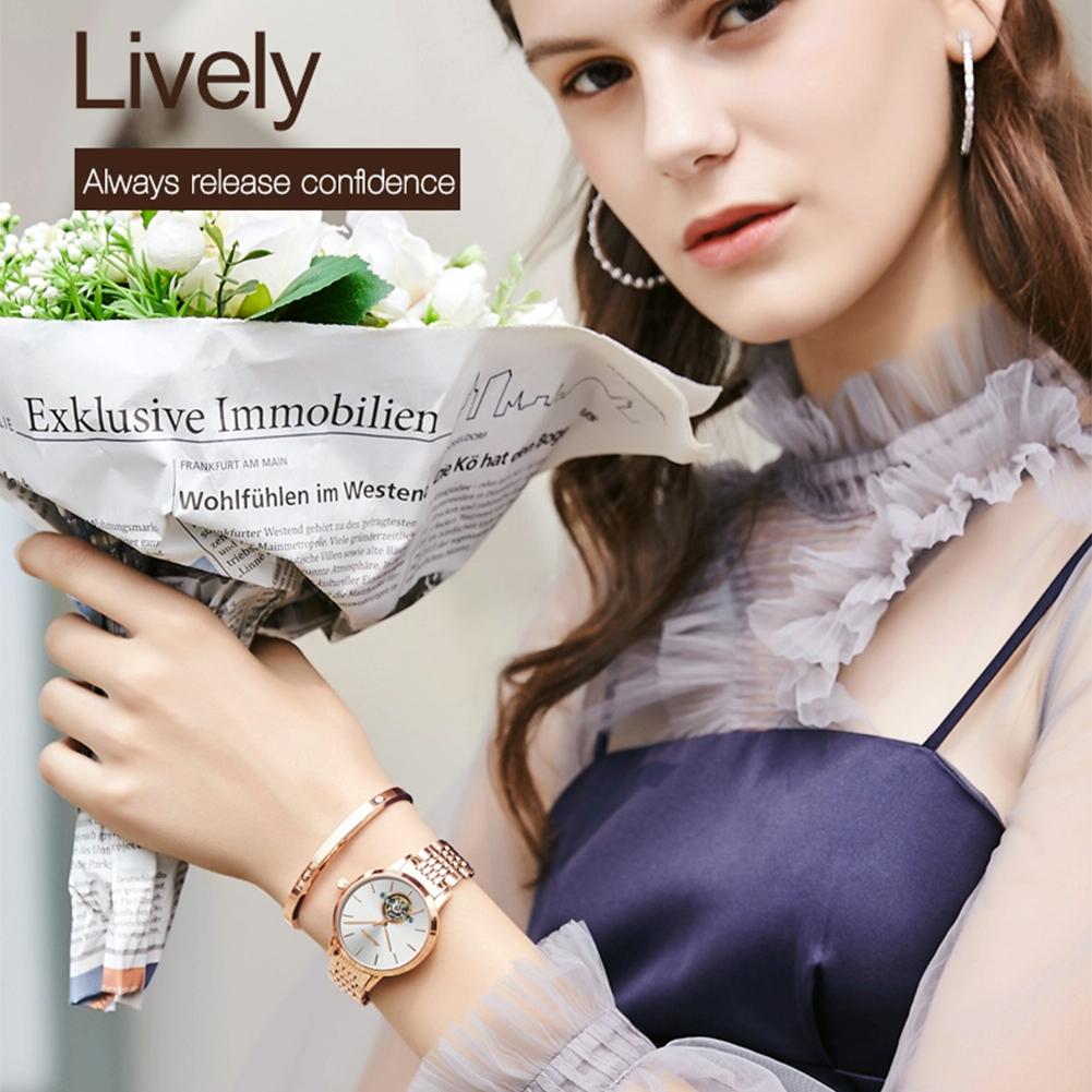 Waterproof Automatic Mechanical Watch for Women with Simple Hollow Design - Black Steel Strip 11