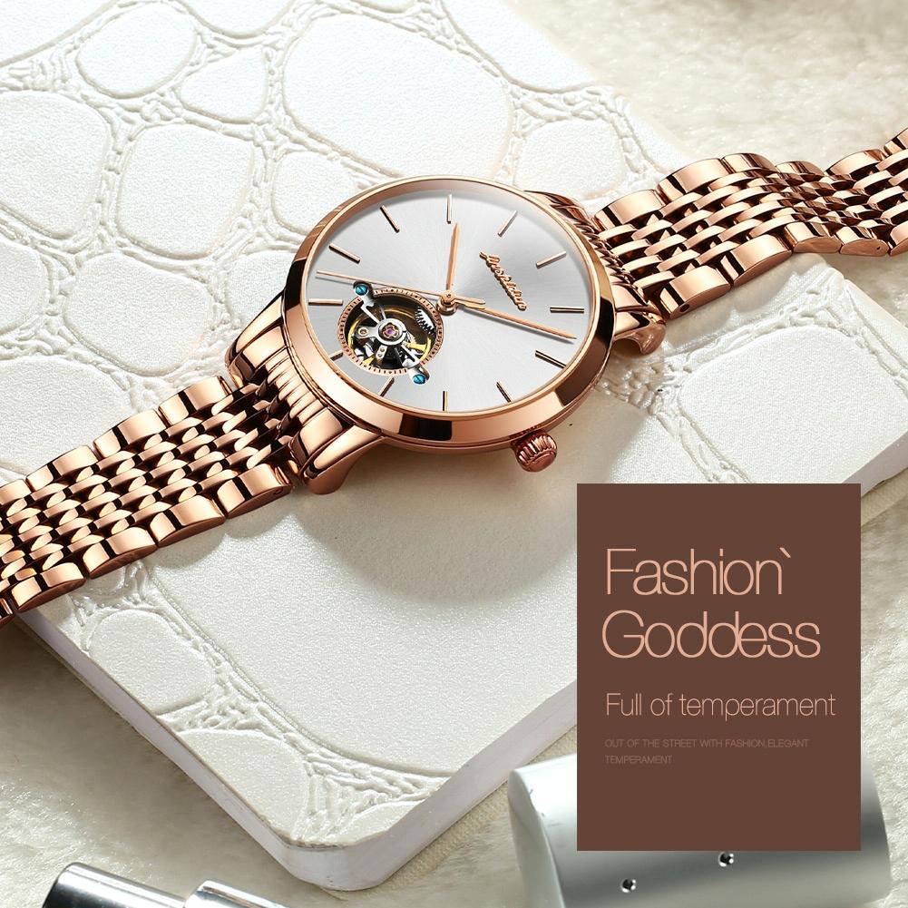 Waterproof Automatic Mechanical Watch for Women with Simple Hollow Design - Black Steel Strip 15