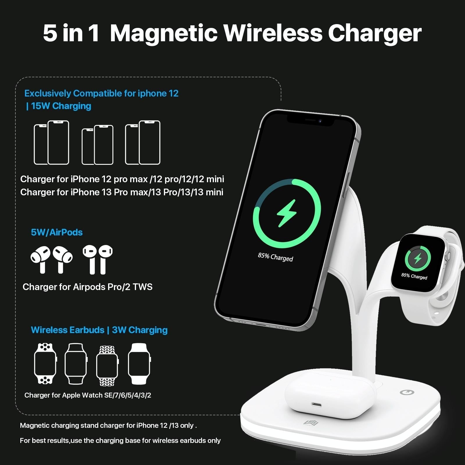 15W 5 In 1 Magnetic Wireless Charger With Stand - White 5