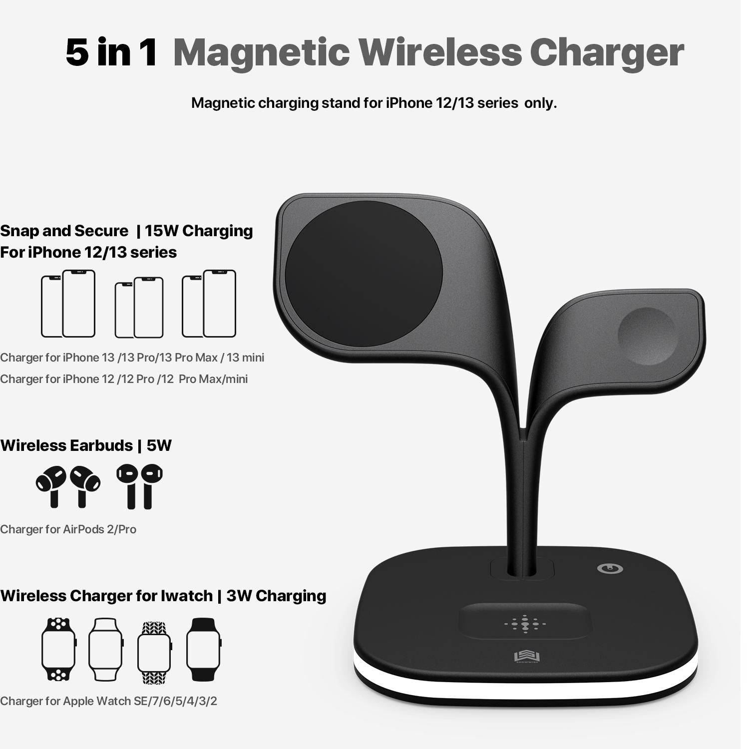 15W 5 In 1 Magnetic Wireless Charger With Stand - White 12
