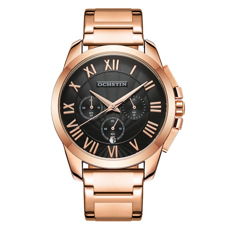 Waterproof Multifunctional Men Watch with Steel Strap - Rose Gold + Black