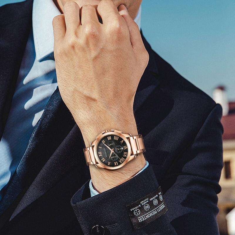 Waterproof Multifunctional Men Watch with Steel Strap - Rose Gold + Black 8