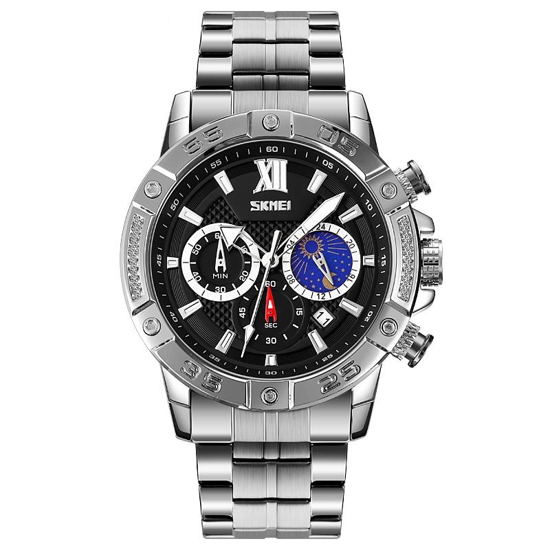 Stainless Steel Men Moonphase Quartz Watch with Strap - Black 10