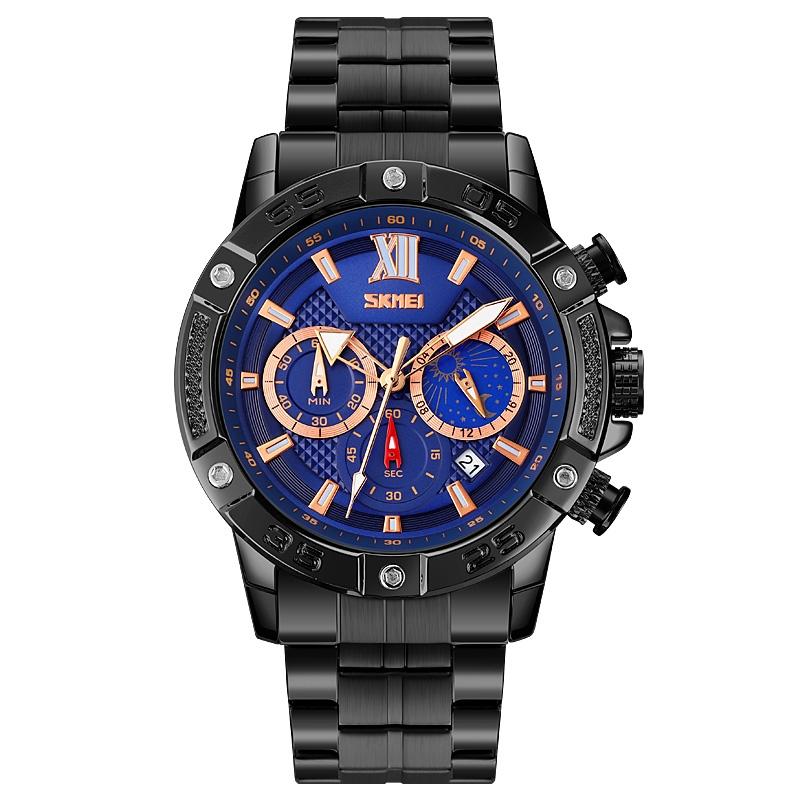Stainless Steel Men Moonphase Quartz Watch with Strap - Black 15