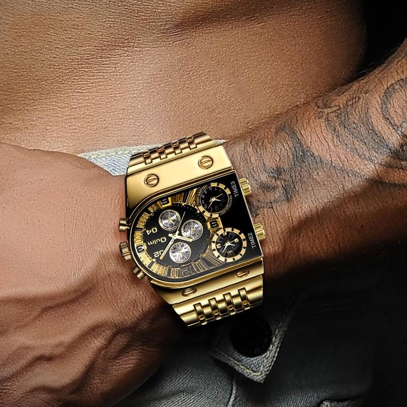Large Dial Multi Time Zone Men Quartz Watch with Luminous Steel Strap - Black 6