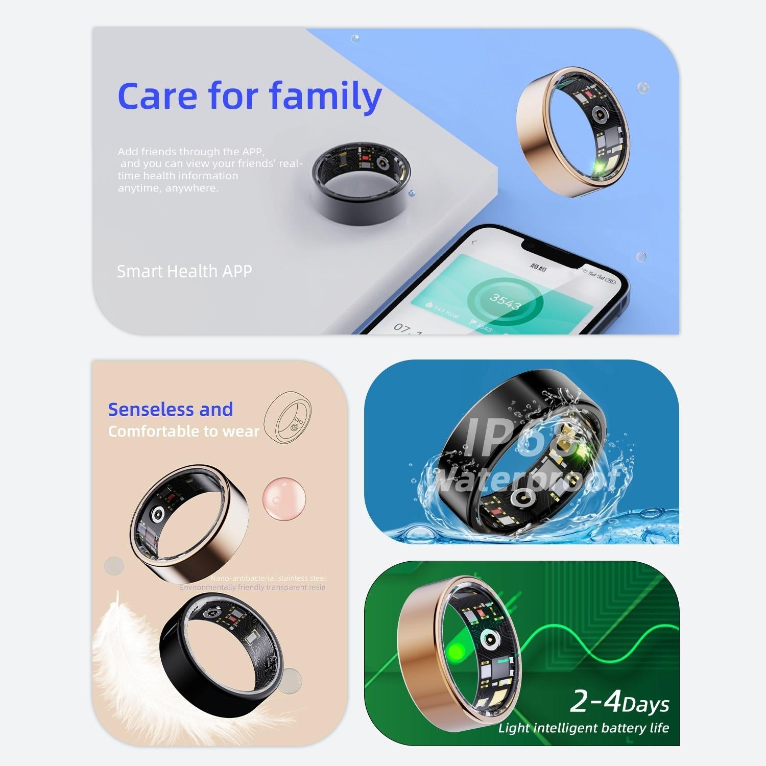 Smart Ring With Heart Rate Blood Oxygen Sleep & Sports Modes - Size 8 - Gold 5