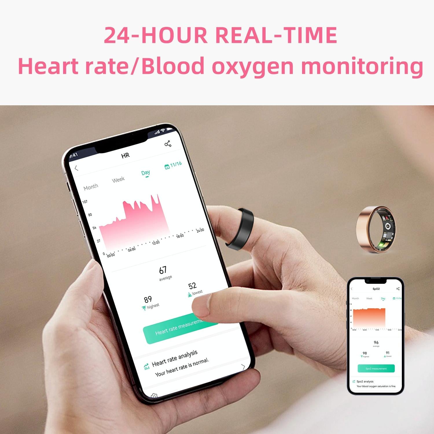 Smart Ring With Heart Rate Blood Oxygen Sleep & Sports Modes - Size 8 - Gold 9