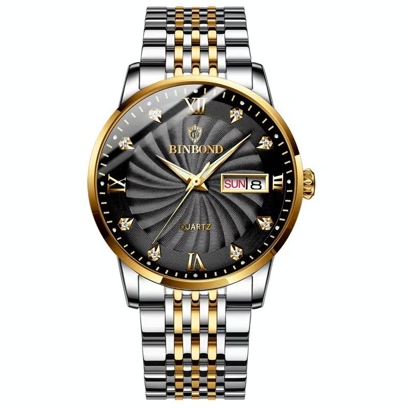 Waterproof Business Men Quartz Watch with Butterfly Buckle and Luminous Dial - 30m - Inter-Gold-Black
