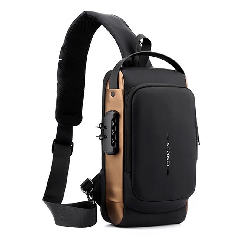 Anti Theft Men Chest Bag With Password Lock Secure Locomotive Messenger Bag - Grey Brown 4