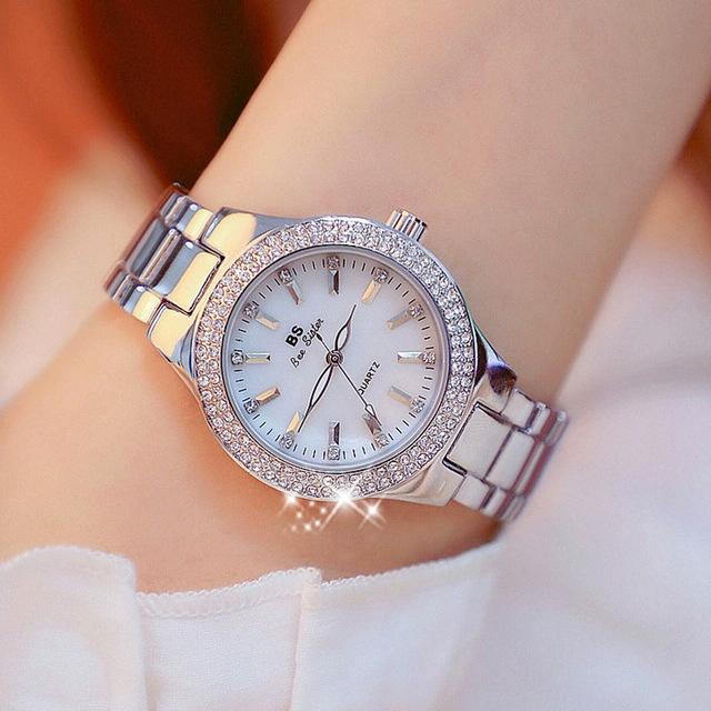 Women Round Diamond Watch with Alloy Strap - Gold