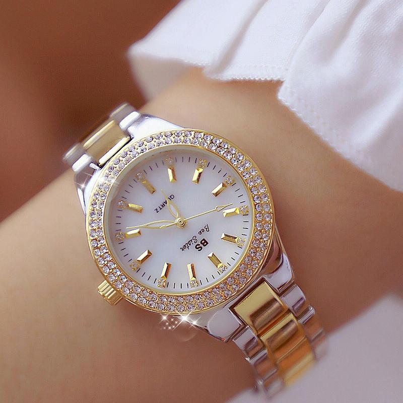 Women Round Diamond Watch with Alloy Strap - Gold 3